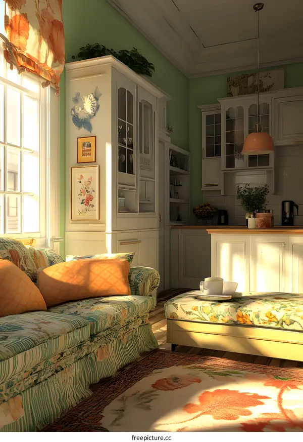 Cozy Living Room with Sofa, Kitchen and Large Window