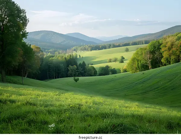 Rolling Green Hills and Lush Forests Landscape View