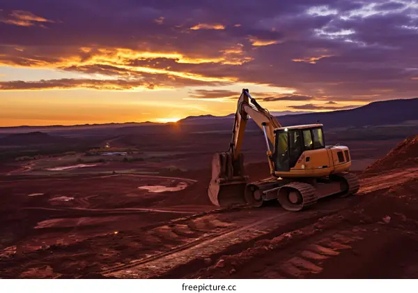 Excavator working on a土方工程 at sunset