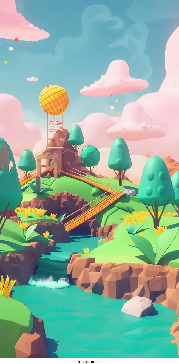 Low Poly Landscape With Clouds and Balloons