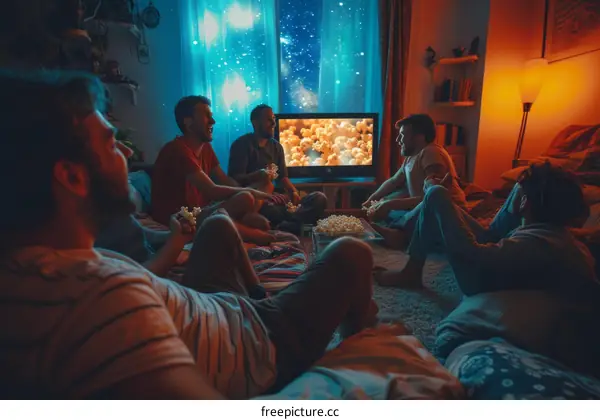 A group of friends watching a movie together in a cozy living room