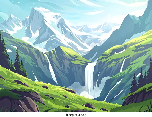 Mountain Landscape With Waterfall Illustration