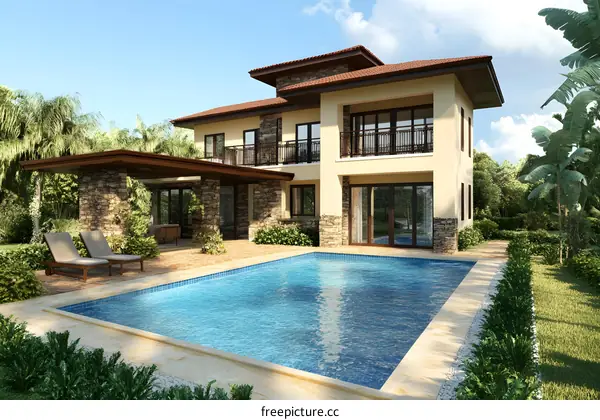 Modern Two Story House with Swimming Pool and Lush Landscaping