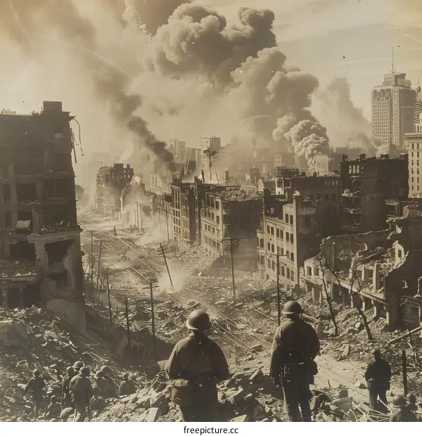 American soldiers surveying the ruins of the city of Manila in the aftermath of World War II