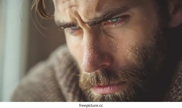 Portrait of a man with a beard looking down