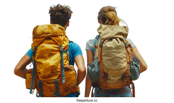 [Transparent Background PNG]Two people with backpacks standing on a mountaintop looking at the view