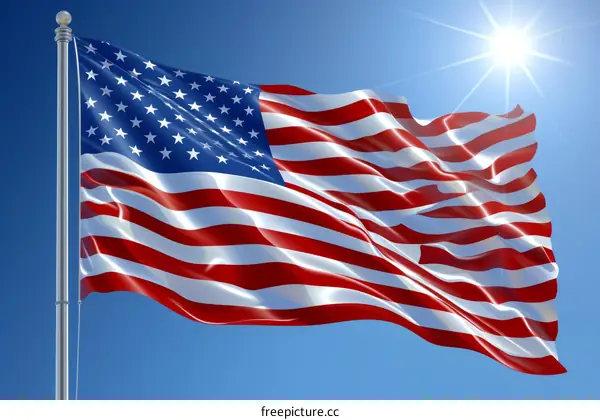 Waving American flag with a sunny blue sky background