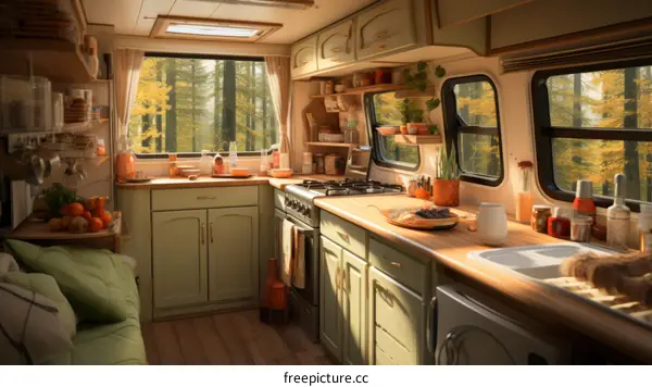 Cozy Kitchen in a Camper Van with a View of the Autumn Forest