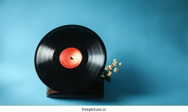 Vintage Record Player with Flowers on a Blue Background