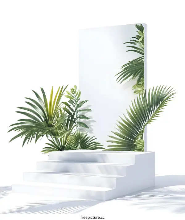 White Steps with Green Palm Leaves