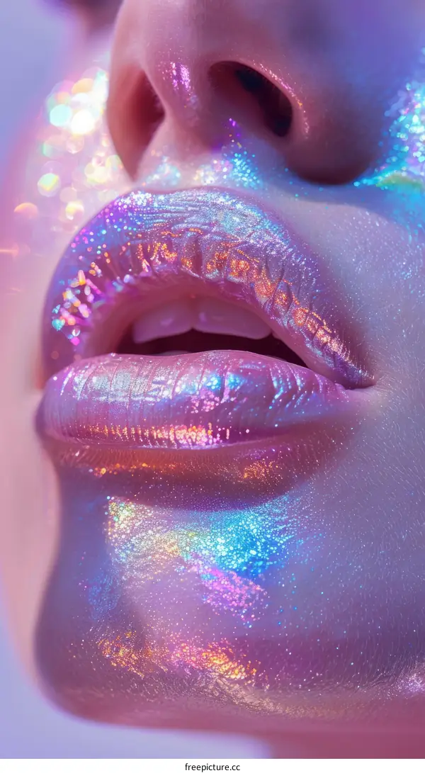 Close-up of woman's lips with holographic glitter makeup