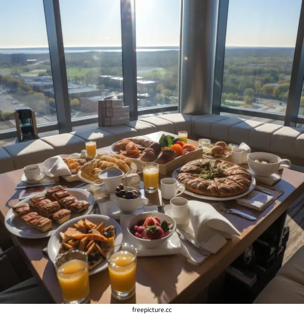 A tempting table of breakfast food with a scenic view of the city