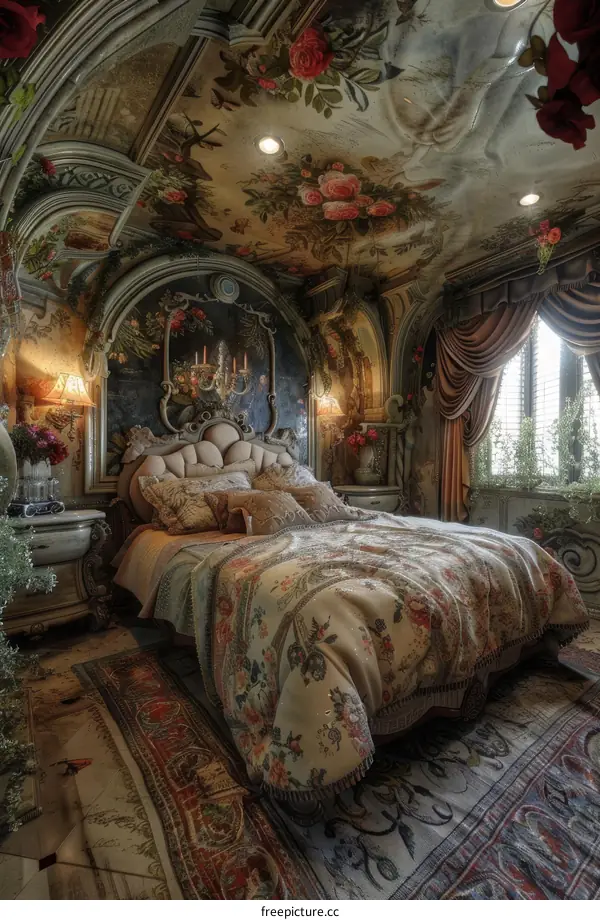 Ornate Bedroom with Floral Ceiling Decor