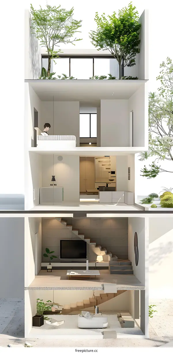 Modern Cross Section House Design with Green Trees