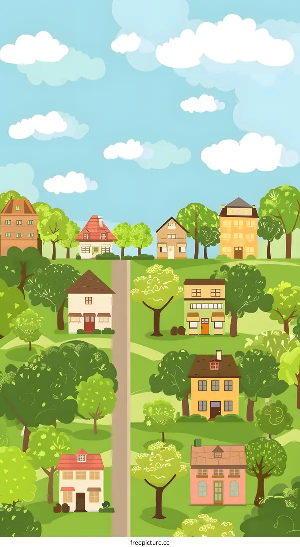 Cute Cartoon Suburban Houses and Trees