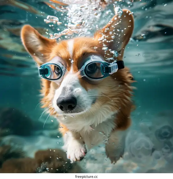 An adorable Corgi gleefully swims underwater with goggles on