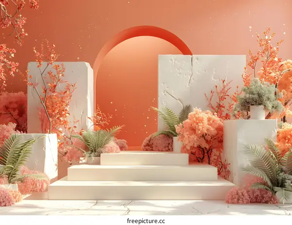 Geometric Steps with Flowers and Plants Background