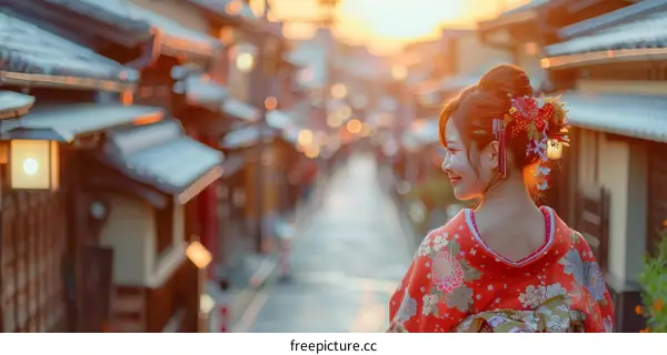 A woman wearing a kimono is walking down a street in Kyoto, Japan.