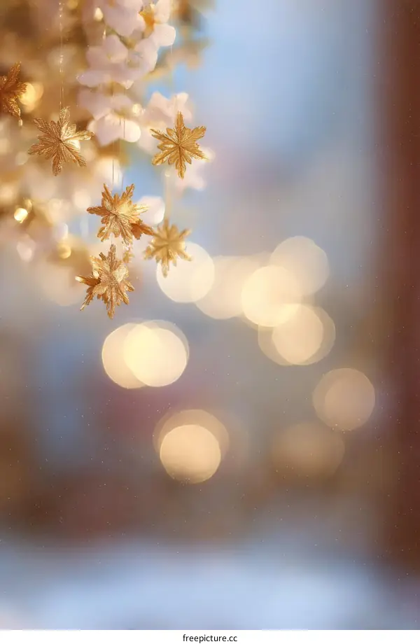 Golden Snowflake Ornaments in Soft Bokeh Background