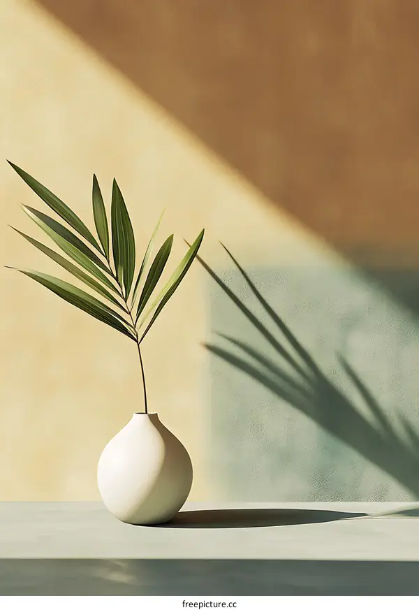 Minimalist Still Life with Green Leaf in White Vase
