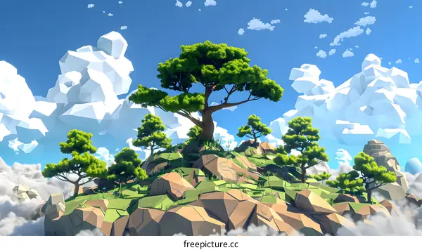 Low Poly  Mountain Landscape With Green Trees