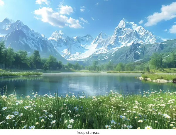 Serene Mountain Lake with Blooming Wildflowers