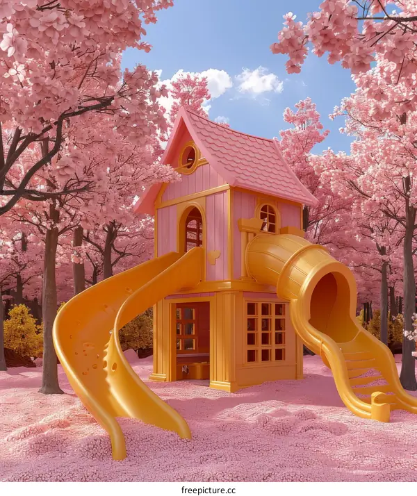 Charming Pink Playhouse Nestled Amidst a Whimsical Forest