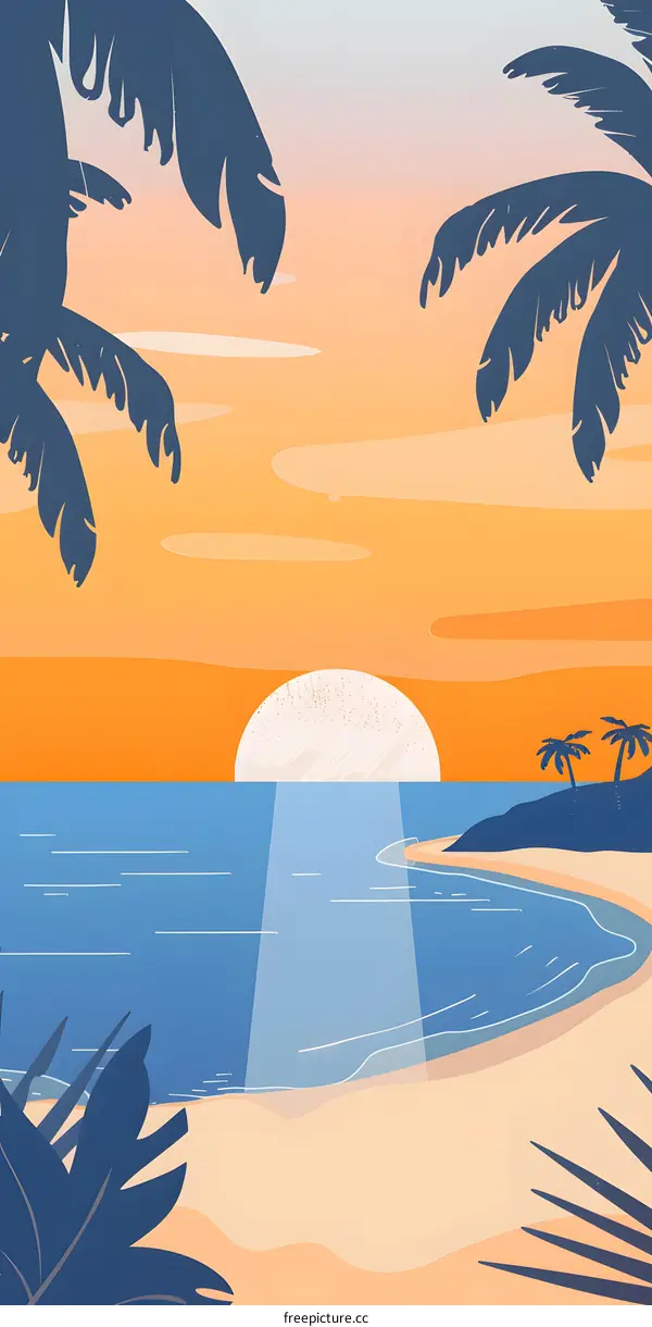 Sunset Beach Summer Palm Trees Ocean Tropical Illustration