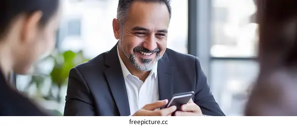 Smiling Man Looking At Phone In Office