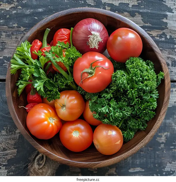 A wooden bowl filled with ripe tomatoes, red onion, and parsley