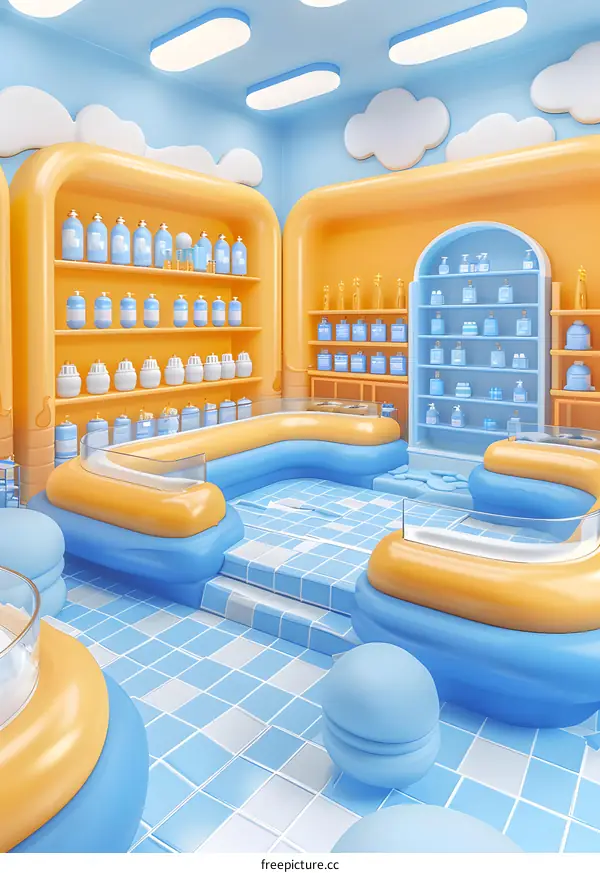 Cartoon 3D Rendered Interior Design of Blue and Yellow Store