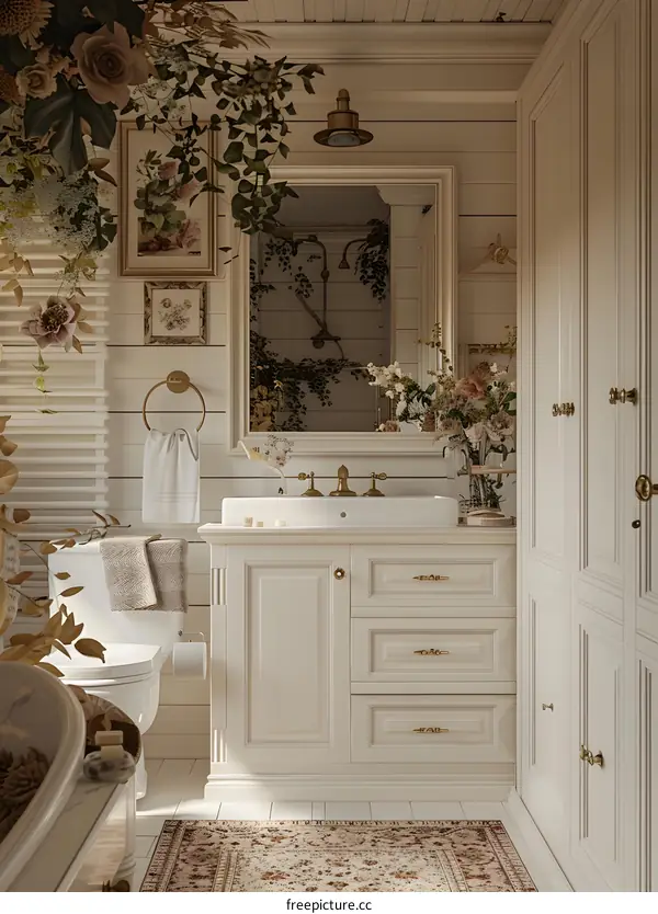 White Bathroom with Floral Decor and Rustic Touches