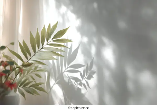 Sunlight Shadows on Light Beige Curtain with Plants