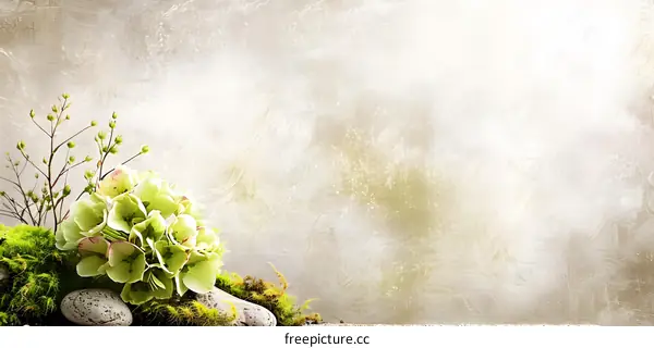 Green Flowers and Moss on Rustic Background