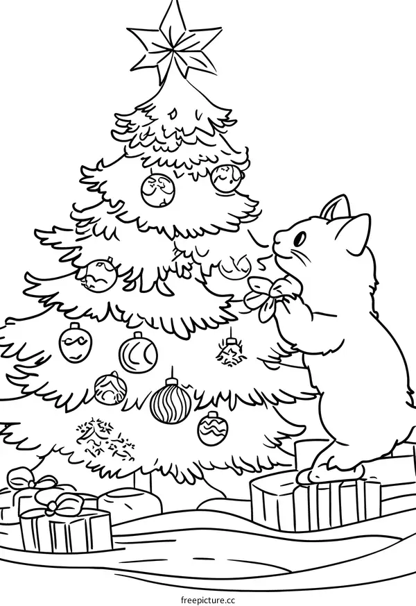 Cute Cat Decorating Christmas Tree Coloring Page