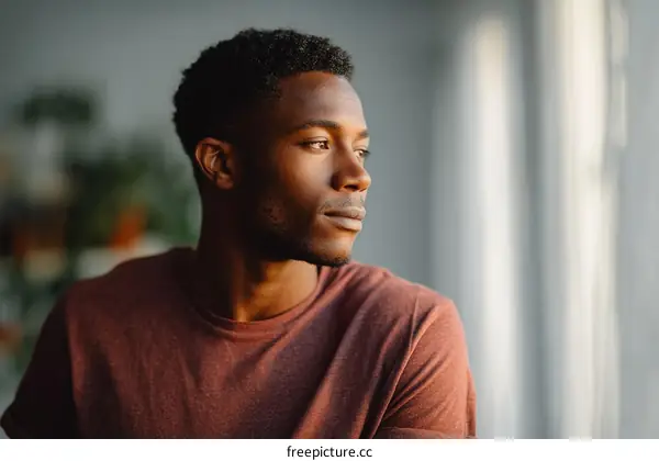Thoughtful African American Man by Window