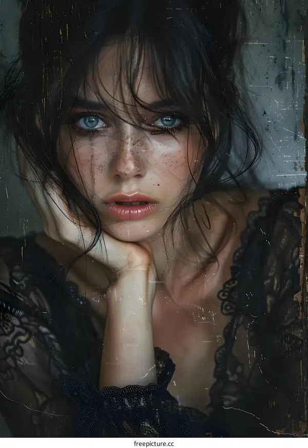 Portrait of a Woman with Freckles and Blue Eyes