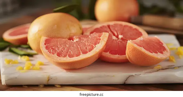 Freshly Sliced Grapefruit with Zest on Marble Cutting Board