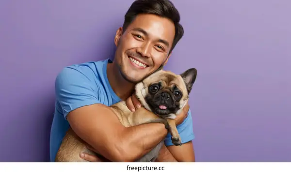 Asian man hugging a pug dog