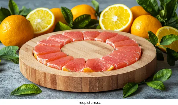 Freshly Sliced Grapefruit on Wooden Tray with Oranges