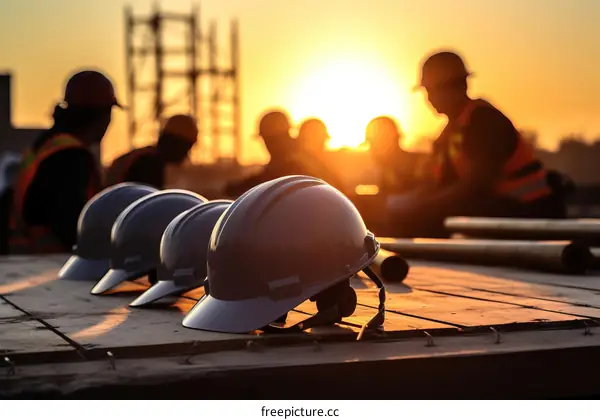 Construction workers on a building site with hard hats in the foreground