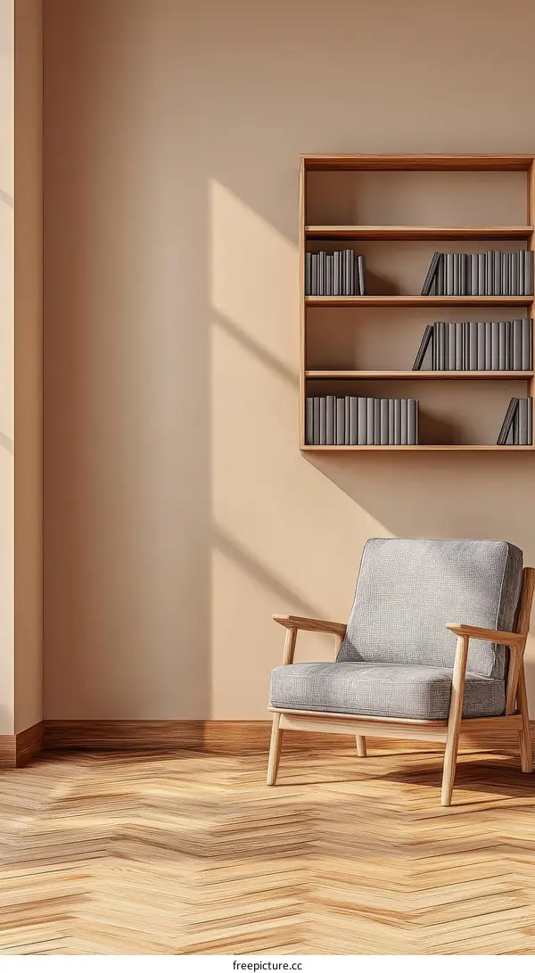 Cozy Reading Nook with Wooden Bookshelf and Armchair