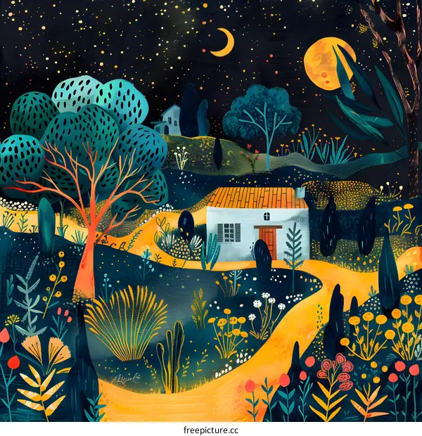 Nighttime Cottage Landscape With Winding Path