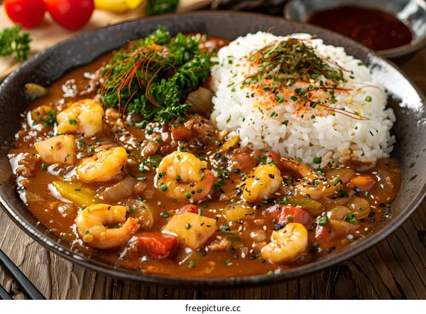 A plate of Japanese curry with shrimp, vegetables and rice