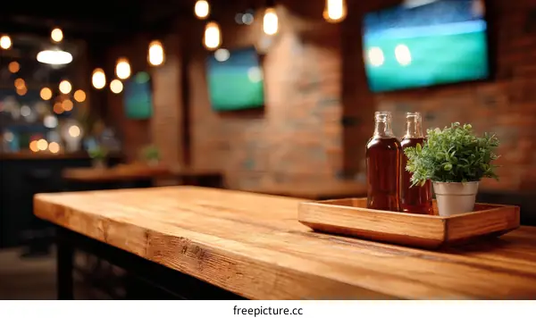 Wooden Bar Table with Drinks and Plants