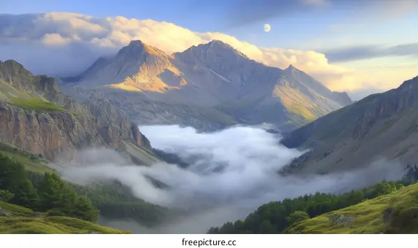 Majestic Mountain Range in a Misty Valley