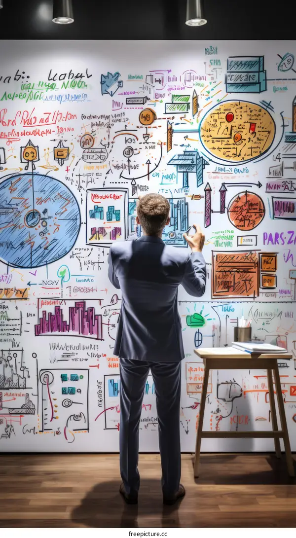Businessman in suit drawing graphs and charts on a large board