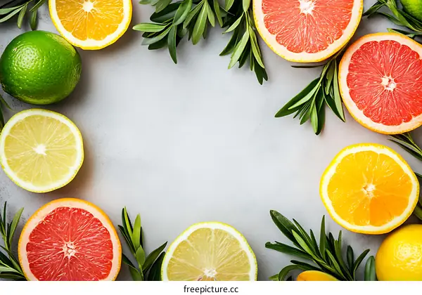 Fresh Citrus Fruits and Green Leaves Background