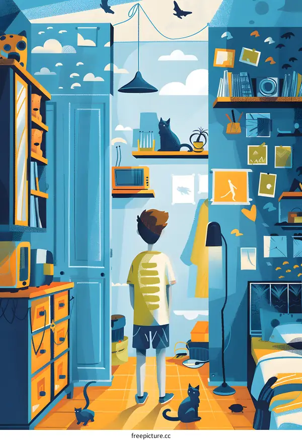 Boy Looking Out Window in Room with Cats