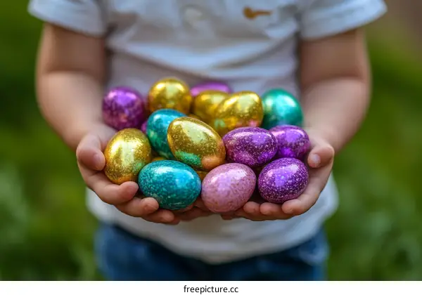 Childs Hands Holding Colorful Easter Eggs